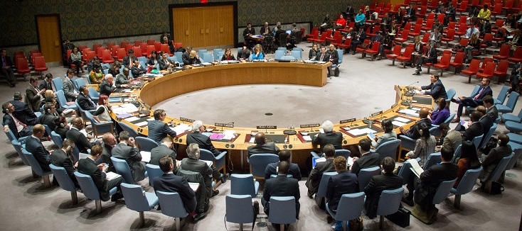 A wide view of the Security Council meeting on the situation in Ukraine.