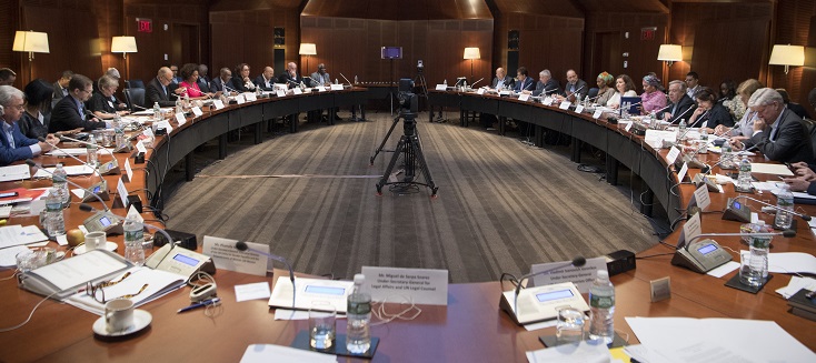 Wide view of participants of a high-level interactive dialogue with Secretary-General António Guterres and heads of regional and other organizations at the Greentree Estate in Manhasset, New York.
