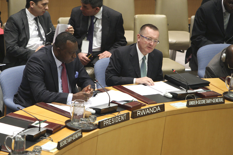 Jeffrey D. Feltman, Under-Secretary-General for Political Affairs, briefs the Security Council on the situation in Mali. On his right is Eugène-Richard Gasana, Permanent Representative of the Republic of Rwanda to the UN and President of the Security Council for the month of April.