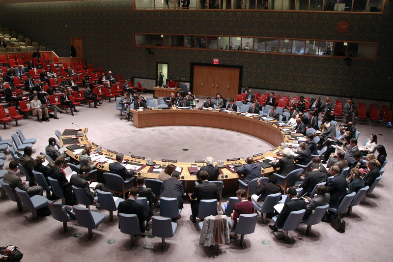 A wide view of the Security Council meeting on the situation in Ukraine.