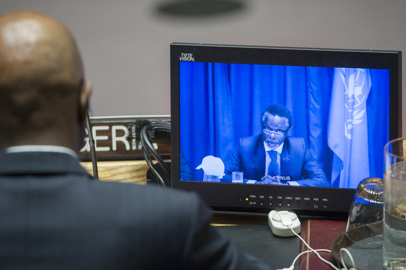 Parfait Onanga-Anyanga (shown on screen), Special Representative of the Secretary-General and Head of the United Nations Office in Burundi (BNUB), briefs the Security Council on the situation in that country via video link.