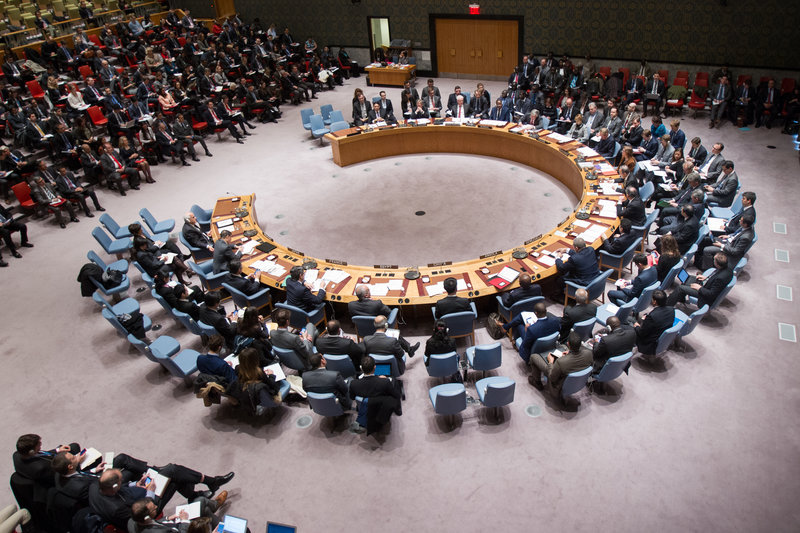 A wide view of the Security Council during the meeting on the situation in the Middle East and Palestine.