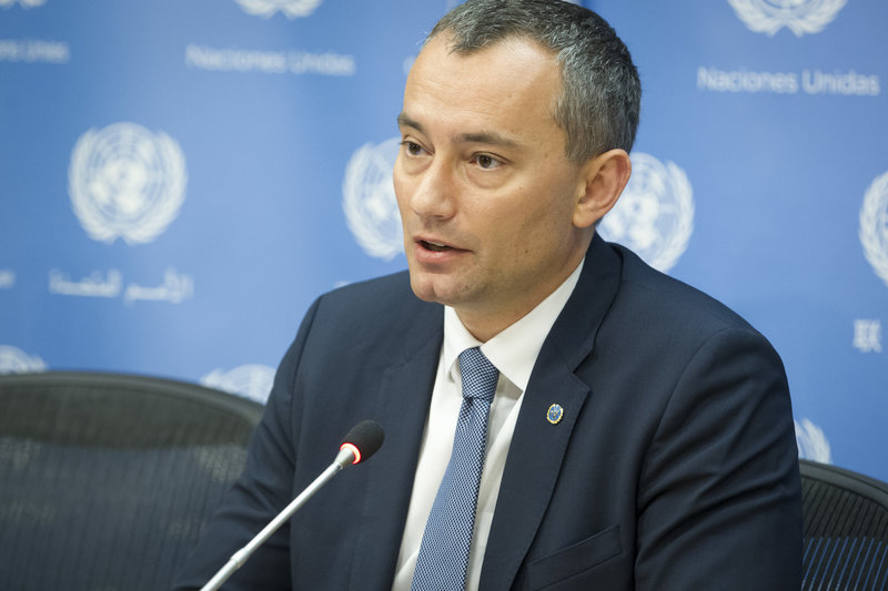 Nickolay Mladenov, UN Special Coordinator for the Middle East Peace Process and Personal Representative of the Secretary-General to the Palestine Liberation Organization and the Palestinian Authority, briefs journalists after the Security Council meeting.