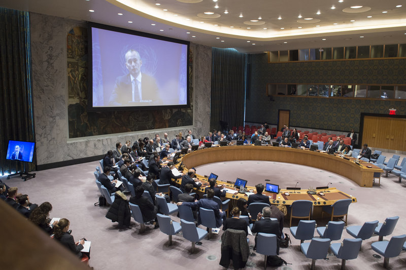 Nickolay Mladenov (shown on screen), UN Special Coordinator for the Middle East Peace Process and Personal Representative of the Secretary-General to the Palestine Liberation Organization and the Palestinian Authority, briefs the Security Council via video teleconference.