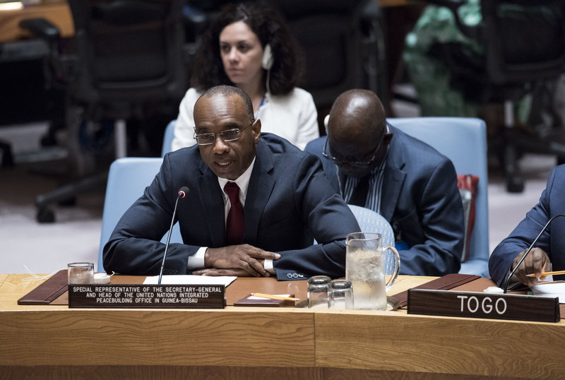 Modibo Touré, Special Representative of the Secretary-General and Head of the United Nations Integrated Peacebuilding Office in Guinea-Bissau (UNIOGBIS), addresses a Security Council meeting on the situation in Guinea-Bissau and the activities of UNIOGBIS.