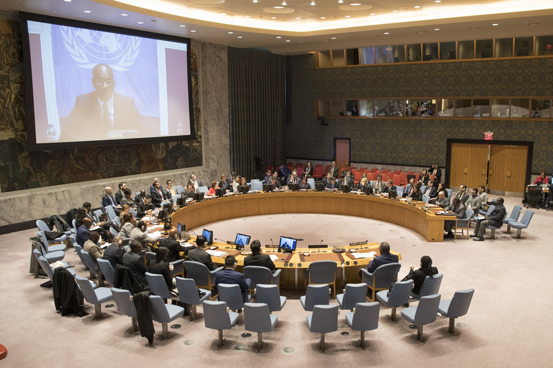 Modibo Touré (on screen), Special Representative and Head of the United Nations Integrated Peacebuilding Office in Guinea-Bissau (UNIOGBIS), briefs the Security Council on the situation in the country.