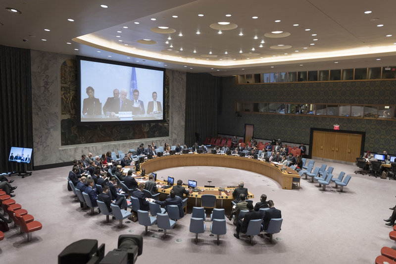 A wide view of the Security Council chamber as Staffan de Mistura (centre on screen), UN Special Envoy for Syria, briefs the Security Council on the situation in the Middle East (Syria). UN Photo/Rick Bajornas