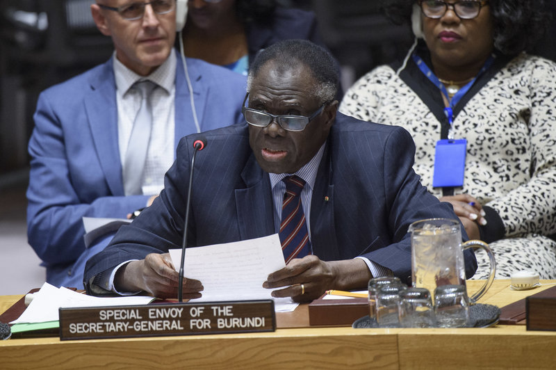 Michel Kafando, Special Envoy of the Secretary‑General for Burundi, briefs the Security Council on the situation in Burundi. UN Photo/Loey Felipe