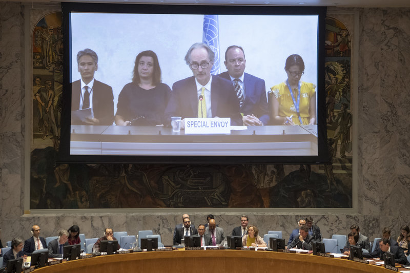Geir Pedersen (centre on screen), Special Envoy of the Secretary-General for Syria, briefs the Security Council on the situation in the Middle East (Syria). 