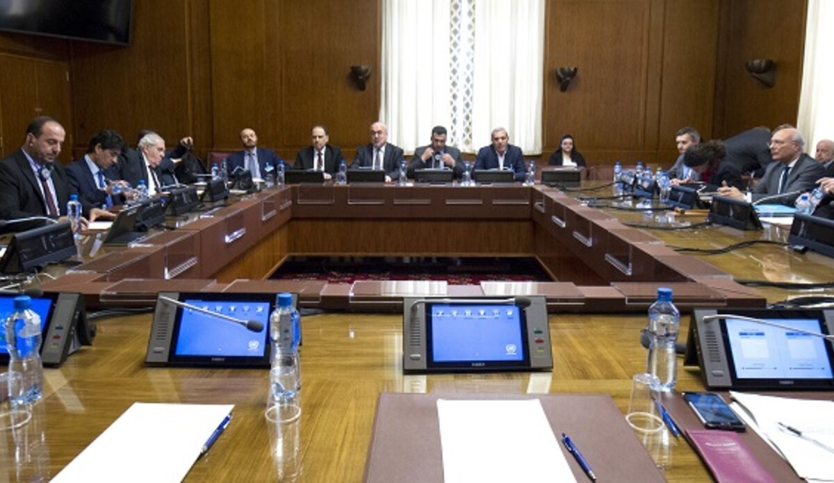 Staffan de Mistura, former United Nations Special Envoy for Syria attends a bilateral meeting with Nasser Al Hariri, Representative of the High Negotiations Committee of the Syrian Opposition during Intra-Syrian talks, Geneva. 18 May 2017. 