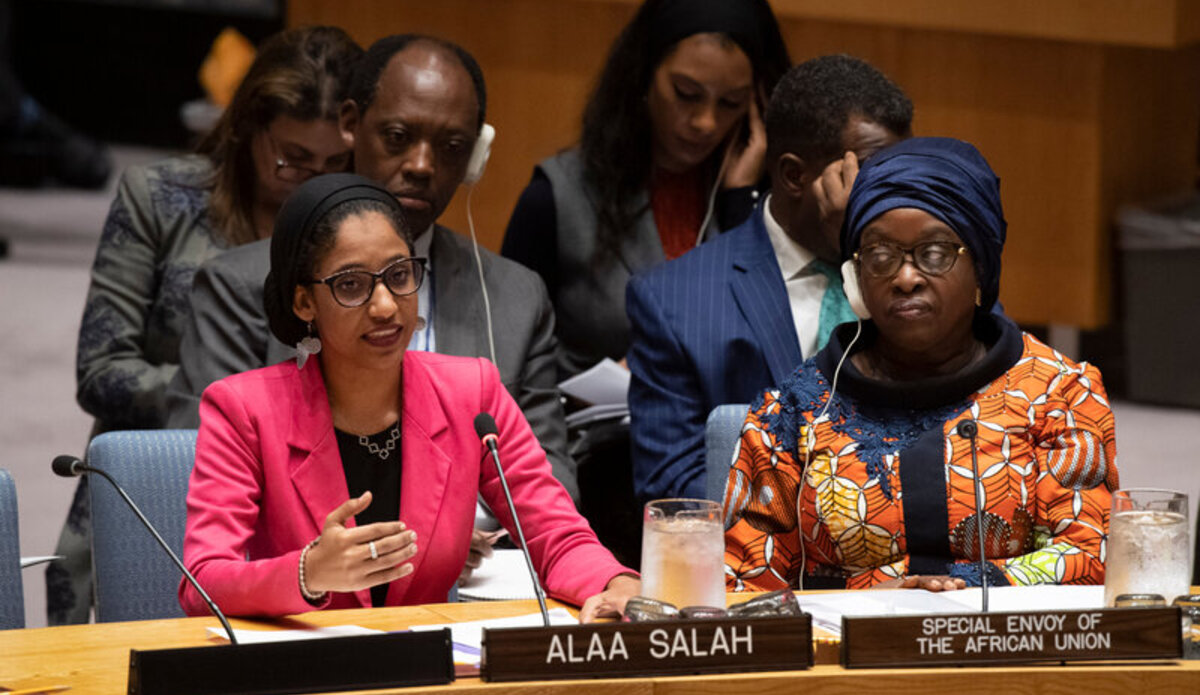 Ms. Alaa Salah, a Sudanese student, activist and a member of MANSAM, briefs the United Nations Security Council at the 2019 Open Debate on Women, Peace and Security. UN Photo/Evan Schneider