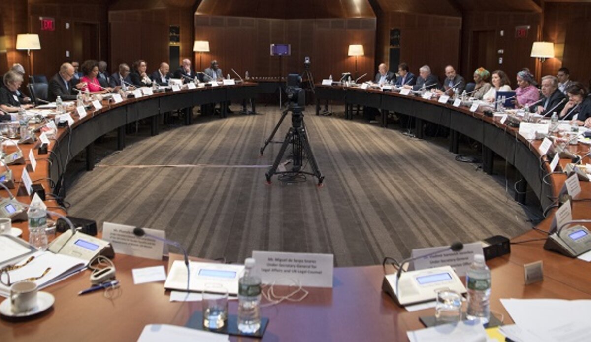 Wide view of participants of a high-level interactive dialogue with Secretary-General António Guterres and heads of regional and other organizations at the Greentree Estate in Manhasset, New York.