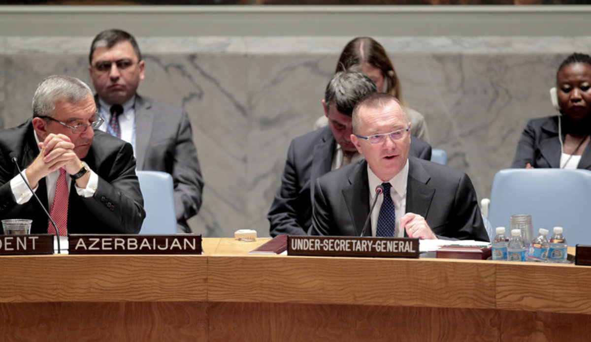 Jeffrey Feltman (right), Under-Secretary-General for Political Affairs, briefs the Security Council on the situation in the Middle East, including the Palestinian question. Next to Mr. Feltman is Agshin Mehdiyev, Permanent Representative of Azerbaijan to the UN and President of the Council for October.