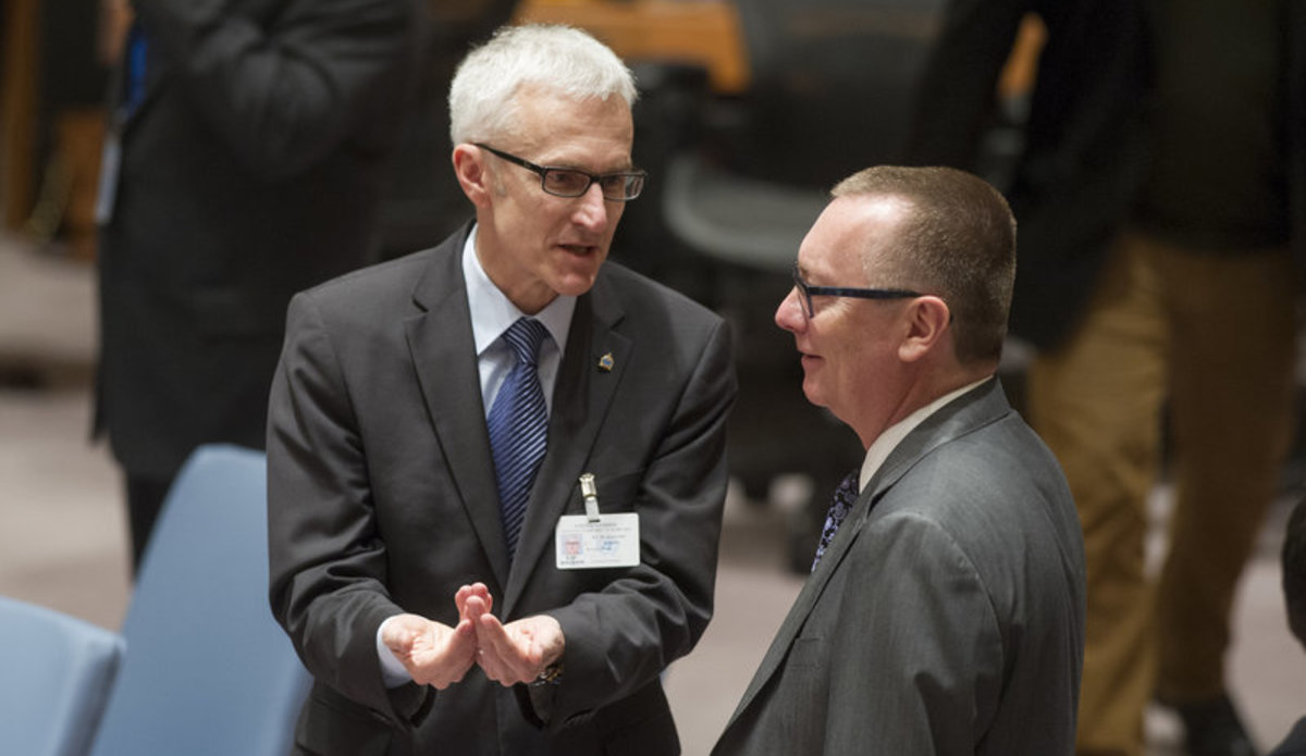 Jeffrey Feltman (right), Under-Secretary-General for Political Affairs, with Jürgen Stock, Secretary General of INTERPOL (International Criminal Police Organization), at the Security Council meeting on general issues relating to sanctions.