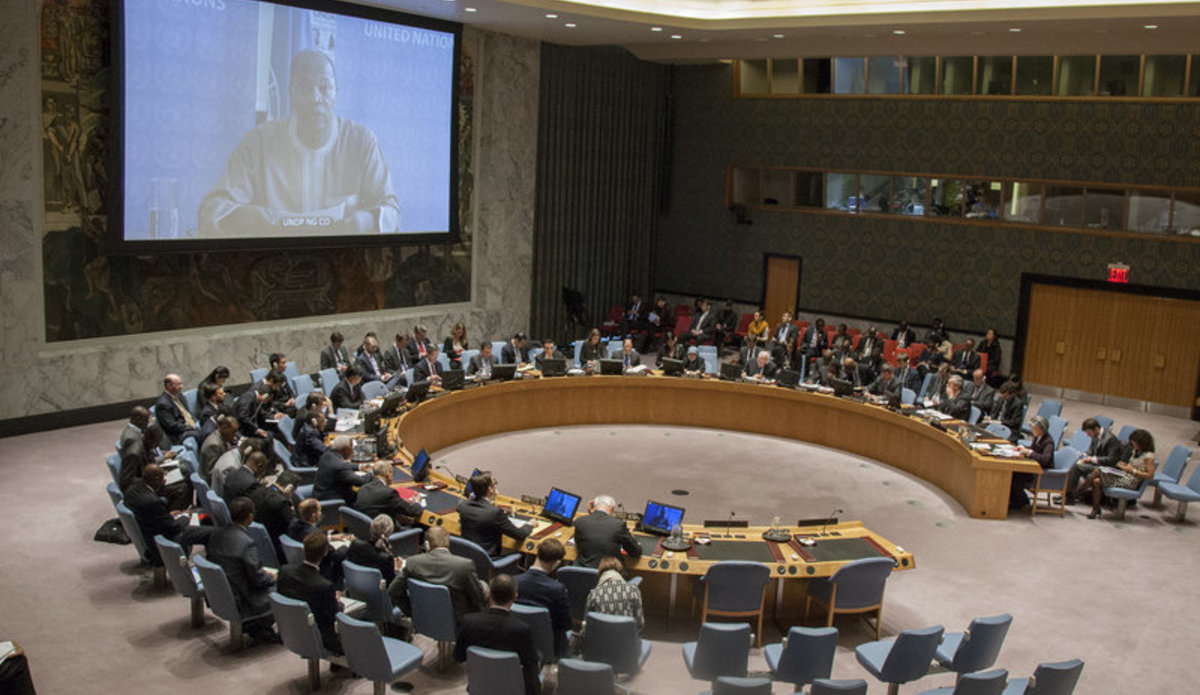 A wide view of the Security Council Chamber as Mohammed Ibn Chambas (on screen), Special Representative of the Secretary-General and Head of the UN Office for West Africa (UNOWA), addresses the Council’s meeting on threats to international peace and security caused by the extremist group Boko Haram.
