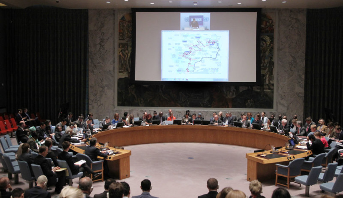 A wide view the Security Council meeting on the situation in Ukraine. Alexander Hug, Deputy Chief Monitor of the Organization for Security and Co-operation in Europe (OSCE) Special Monitoring Mission to Ukraine, briefed the Council via video conference.