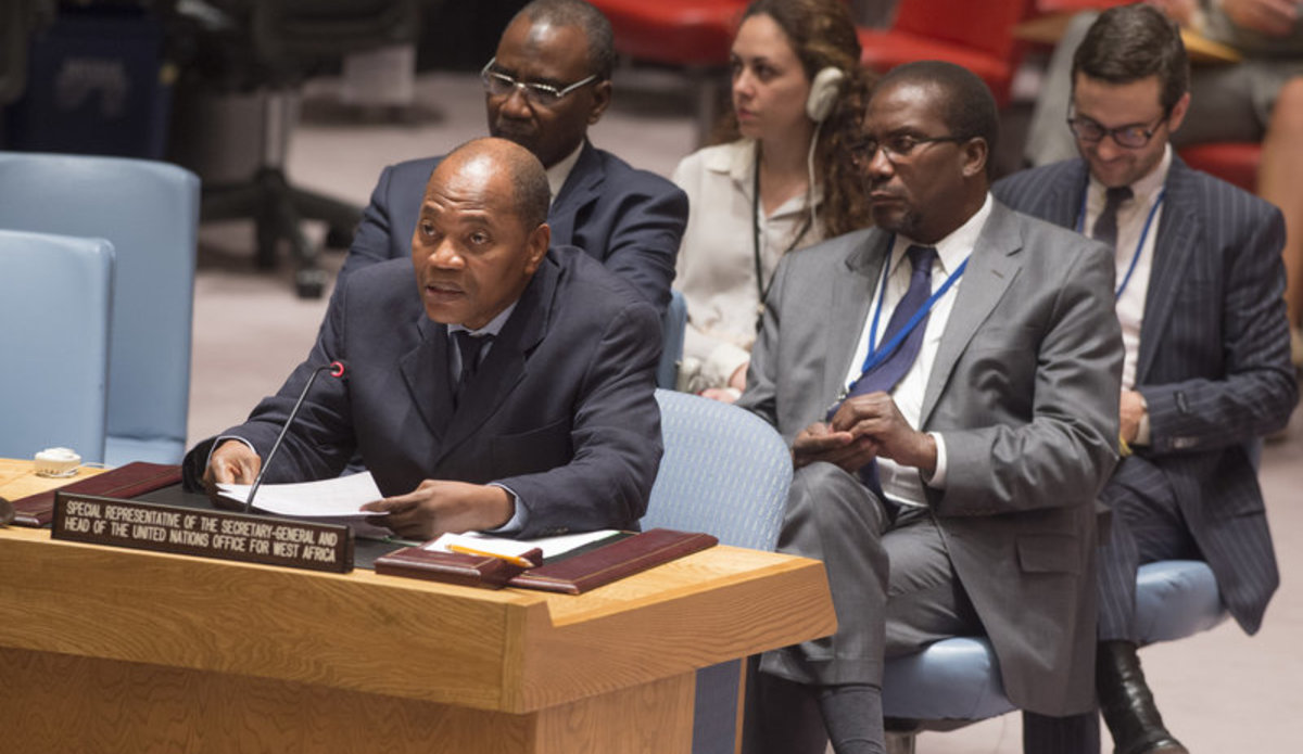 Mohammed Ibn Chambas (left), Special Representative of the Secretary-General and Head of the UN Office for West Africa (UNOWA), speaks at the Security Council meeting on peace consolidation in West Africa.