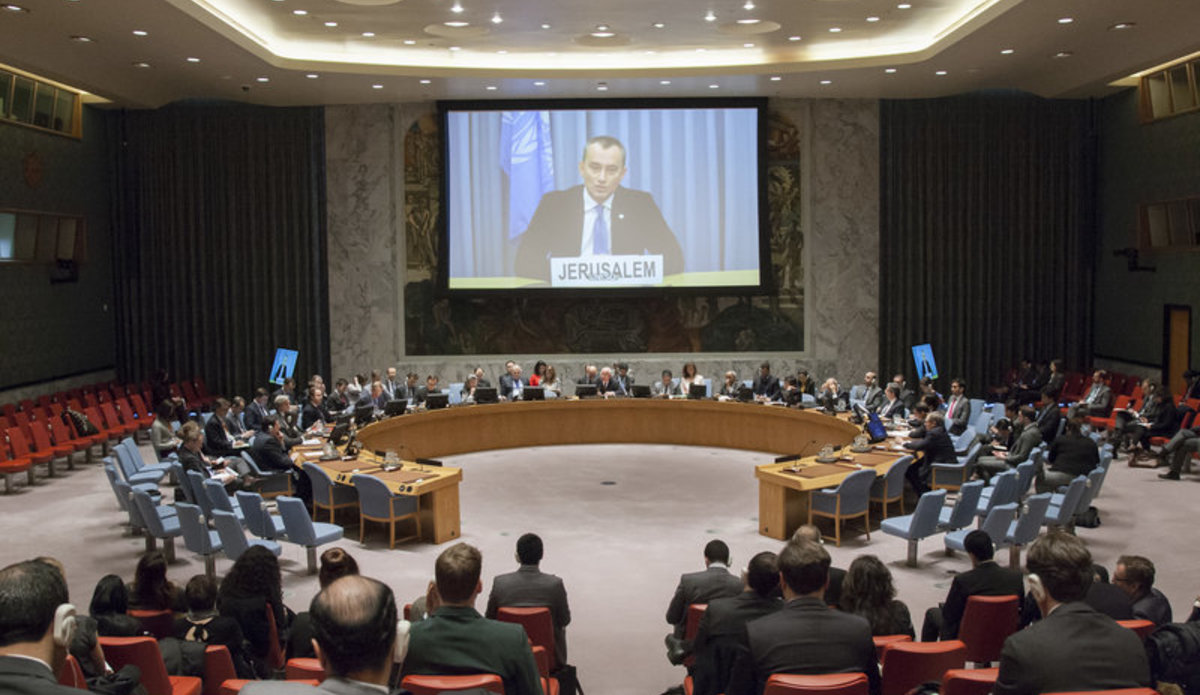 Nickolay Mladenov (shown on screen), UN Special Coordinator for the Middle East Peace Process and Personal Representative of the Secretary-General to the Palestine Liberation Organization and the Palestinian Authority, briefs the Security Council via video teleconference on the Middle East Situation, including the Palestinian question.