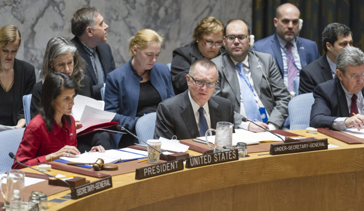 Jeffrey Feltman (front centre), Under-Secretary-General for Political Affairs, addresses the meeting. He is flanked by Nikki Haley (left), United States Permanent Representative to the UN and President of the Council for April; and Elbio Oscar Rosselli Frieri, Permanent Representative of Uruguay.