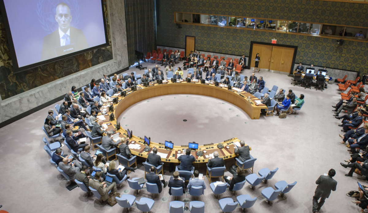 A wide view of the Security Council meeting on the situation in the Middle East, including the Palestinian question. Nickolay Mladenov (shown on screen), UN Special Coordinator for the Middle East Peace Process and Personal Representative of the Secretary-General to the Palestine Liberation Organization and the Palestinian Authority, briefed the Council via video conference.