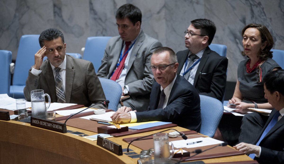 Jeffrey Feltman (centre), Under-Secretary-General for Political Affairs, addresses the meeeting. At left is Sacha Sergio Llorentty Solíz, Permanent Representative of the Plurinational State of Bolivia to the UN and President of the Council for June. The Security Council met to consider progress on the 2015 accord on Iran’s Nuclear Programme known as the Joint Comprehensive Plan of Action.