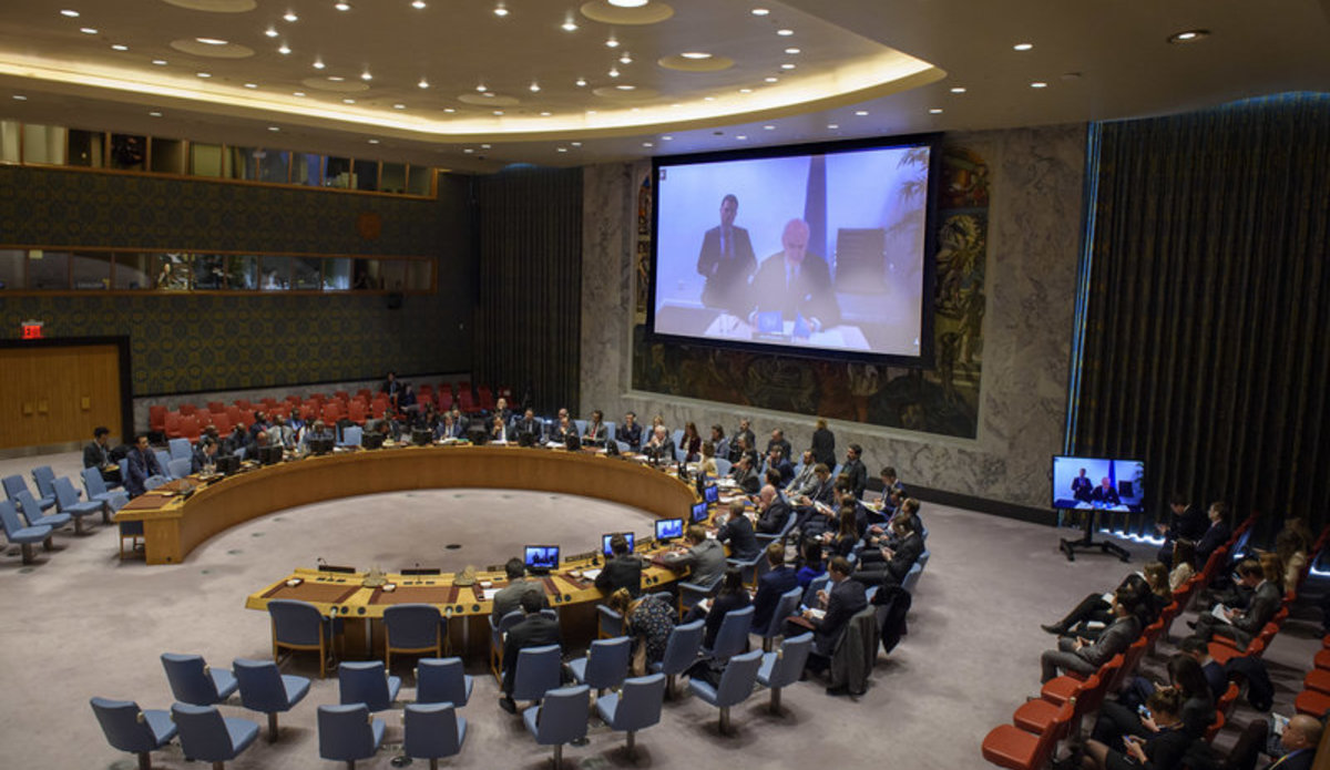Staffan de Mistura (on screen), UN Special Envoy for Syria, briefs the Security Council on the situation in Syria.