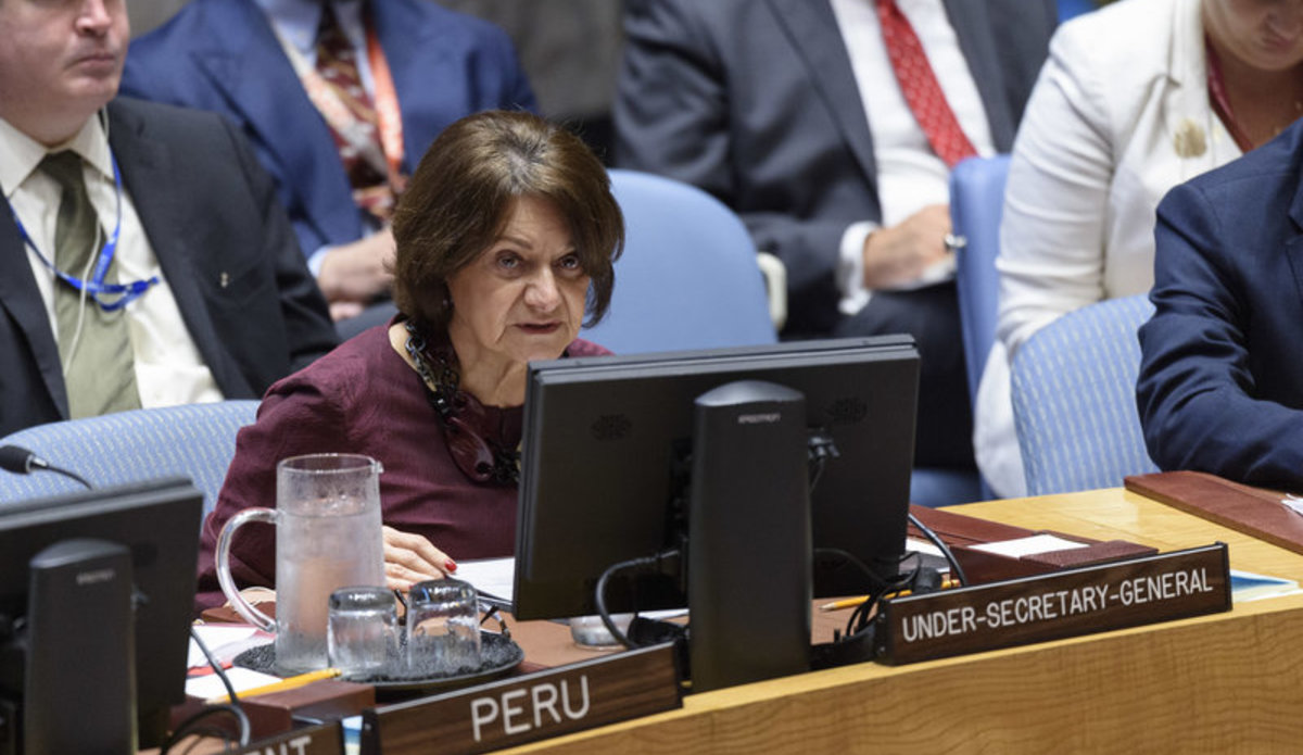 Rosemary DiCarlo, Under-Secretary-General for Political and Peacebuilding Affairs, briefs the Security Council on the situation in Afghanistan and her recent visit to the country together with the Deputy Secretary-General Amina Mohammed. 26 July 2019. UN Photo/Loey Felipe