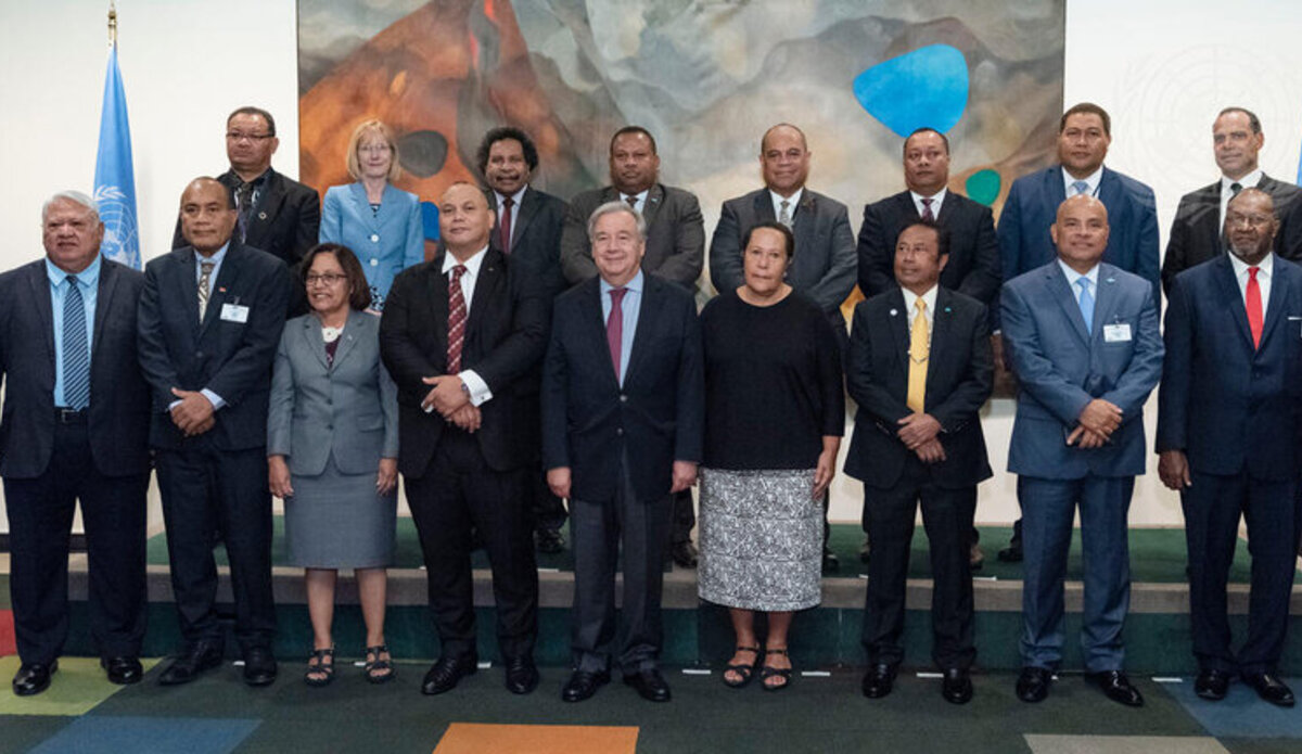 Le Secrétaire général de l'ONU rencontre les dirigeants et le secrétariat du FIP, septembre 2019. Photo ONU/Rick Bajorna
