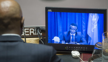 Parfait Onanga-Anyanga (shown on screen), Special Representative of the Secretary-General and Head of the United Nations Office in Burundi (BNUB), briefs the Security Council on the situation in that country via video link.