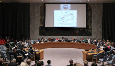 A wide view the Security Council meeting on the situation in Ukraine. Alexander Hug, Deputy Chief Monitor of the Organization for Security and Co-operation in Europe (OSCE) Special Monitoring Mission to Ukraine, briefed the Council via video conference.
