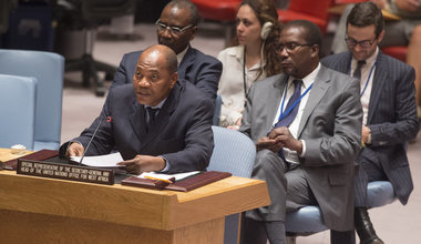 Mohammed Ibn Chambas (left), Special Representative of the Secretary-General and Head of the UN Office for West Africa (UNOWA), speaks at the Security Council meeting on peace consolidation in West Africa.