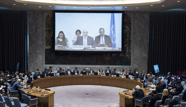 A wide view of the Security Council Chamber as Staffan de Mistura, UN Special Envoy for Syria, briefs the Council via video link.