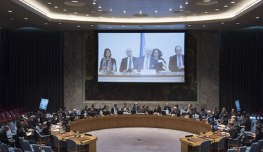 Staffan de Mistura (centre on screen), UN Special Envoy for Syria, briefs the Security Council, via video conference.