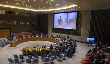 Staffan de Mistura (on screen), UN Special Envoy for Syria, briefs the Security Council on the situation in Syria.
